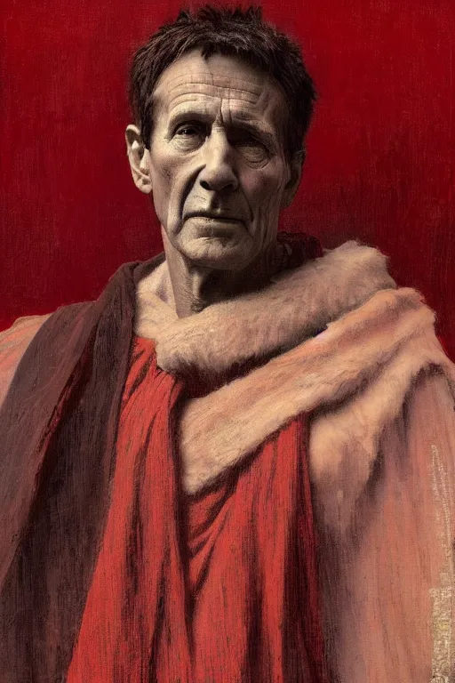 Image similar to the end is near. a tired julius caesar is sitting on a throne. portrait. face is highly detailed. intricate. splices of red are running down his toga. close shot. dark background. soft light. imagined by jeremy lipking and alphonse mucha