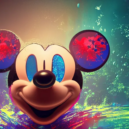 Image similar to counterfeit mickey mouse head, fractal, broken, DMT dystopia, wet, melting, fractured, mycelium, radiant alien, rococo, baroque, automotive, bio-mechanical, porcelain, iridescent, sub surface scattering, octane render