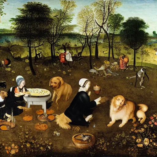 Image similar to bruegel style painting of golden retriever and a black kitty having a tea party in the forest