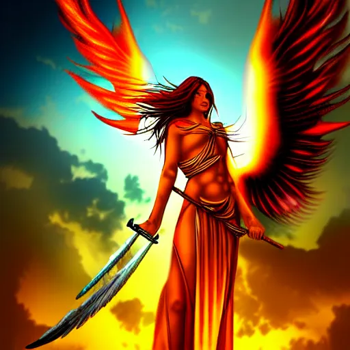 Image similar to flying fiery angelic six-winged warrior, fantasy art