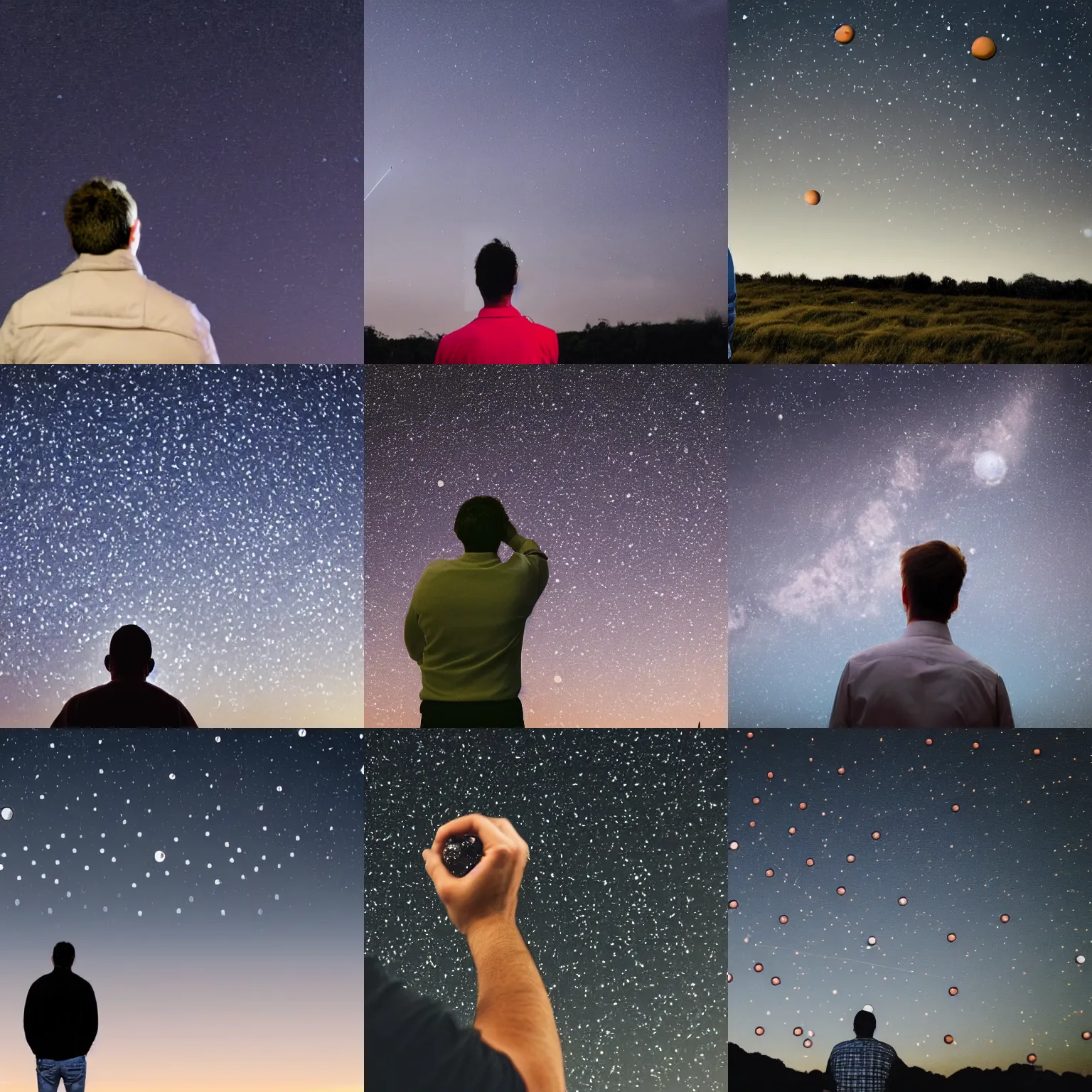 Prompt: man looking at the pattern with little balls on the dark sky