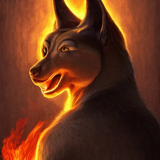 Image similar to A portrait of Anubis, he is glaring at the viewer and there is fire behind him, beautiful digital art trending on artstation, 4k, greg rutowski, extremely detailed, vivid three point lighting, backlit fur