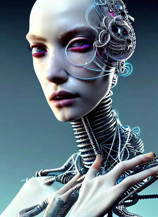 Image similar to portrait of an absurdly beautiful, graceful, sophisticated, fashionable cyberpunk mechanoid, hyperdetailed illustration by irakli nadar and alexandre ferra, intricate linework, white porcelain skin, faberge, coral headdress, unreal engine 5 highly rendered, global illumination, radiant light, detailed and intricate environment