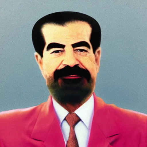 Image similar to rgb head shot of saddam hussein with a pink jacket, 8 k,