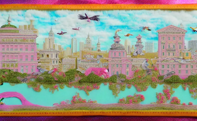 Prompt: building along a river, seen from the long distance. matte paper and embroidery fabric collage. huge flamish baroque maximalist birds flying. highly detailed childrenbook illustration in interesting unusual soft natural pastel tones.