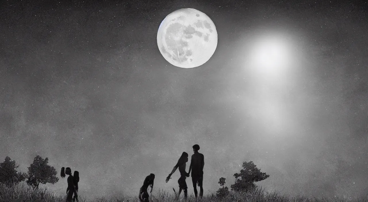 Prompt: a the full moon, a couple is drawn on it, cinematic lighting, wow, establishing shot