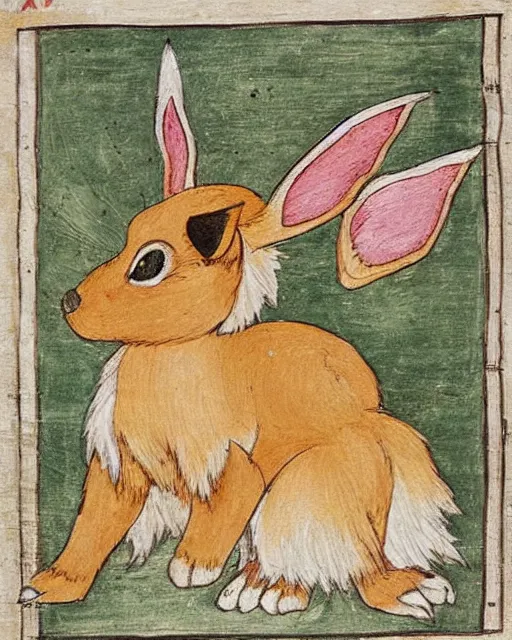 Image similar to a manuscript painting of Eevee in the style of the Rochester Bestiary, Ashmole Bestiary