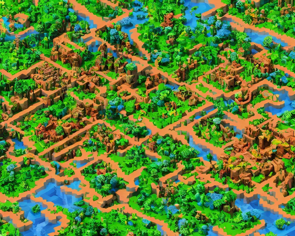 Prompt: the beastlands, isometric, made with voxels, avatar ( 2 0 0 9 ), lush landscape, jungle landscape
