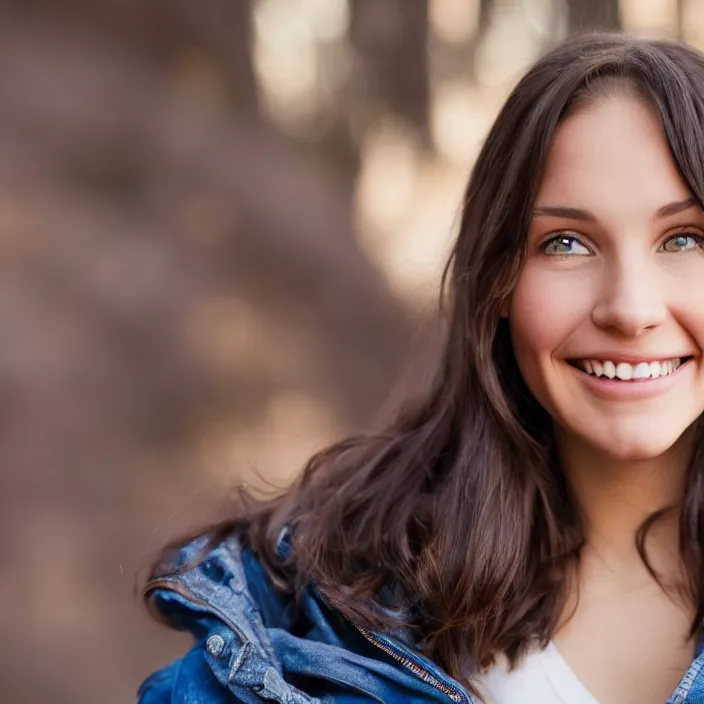 Prompt: a beautiful girl from minnesota, brunette, joyfully smiling at the camera opening her brown eyes. thinner face, irish genes, dark chocolate hair colour, in her early 2 7 s, wearing university of minneapolis coat, perfect nose, morning hour, plane light, portrait, minneapolis as background. healthy, athletic,