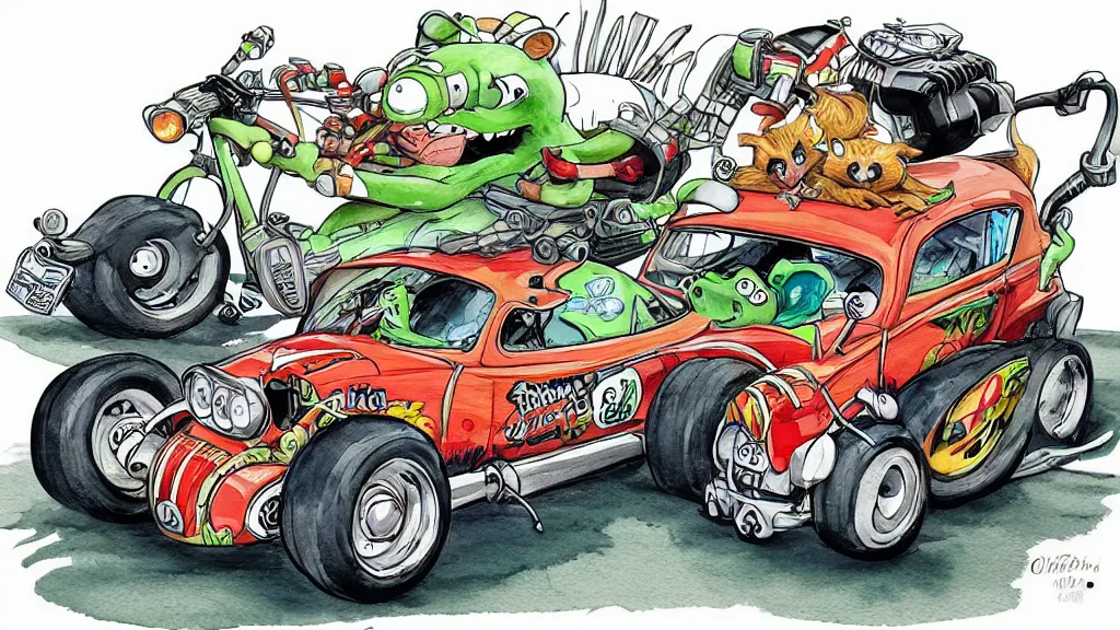 Prompt: cute and funny, racoon riding in a tiny hot rod coupe, ratfink style by ed roth, centered award winning watercolor pen illustration, isometric illustration by chihiro iwasaki, edited by range murata