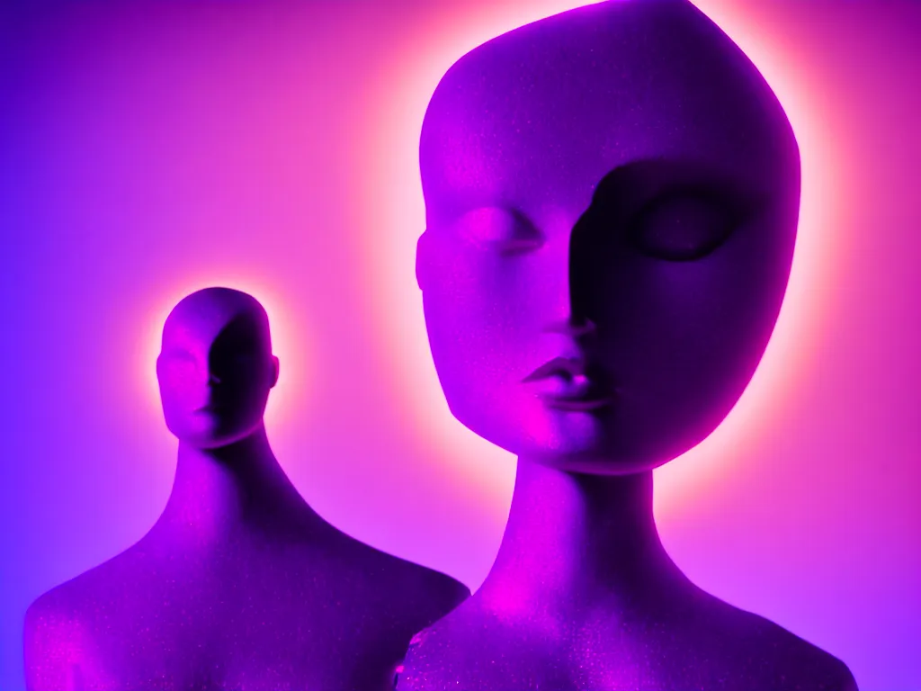 Image similar to beautiful mannequin sculpted out of amethyst by billelis + lit with 3 d geometric neon + facing a doorway opening with neon pink geometric fractal light + city of los angeles + moon in background!, rule of thirds, clean linework, dramatic, award winning, 4 k, trending on artstation, photorealistic, volumetric lighting, octane render