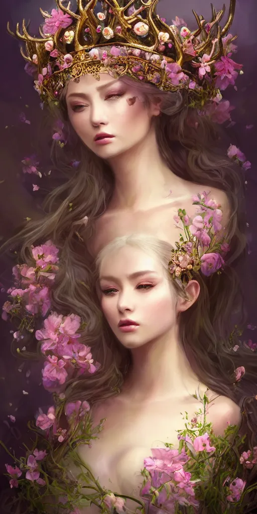 Image similar to A beautiful fantasy empress, just one head, flower tiara, long hair, wearing dramatic aristocrat robe, delicate figure, field of fantasy flowers, foxes and deer, epic composition, ultra wide-shot, dynamic pose, concept art, dramatic lighting, digital painting, smooth, character design, ((sharp focus)), elegant, intricate, trending on artstation, by WLOP and James Jean and Victo Ngai