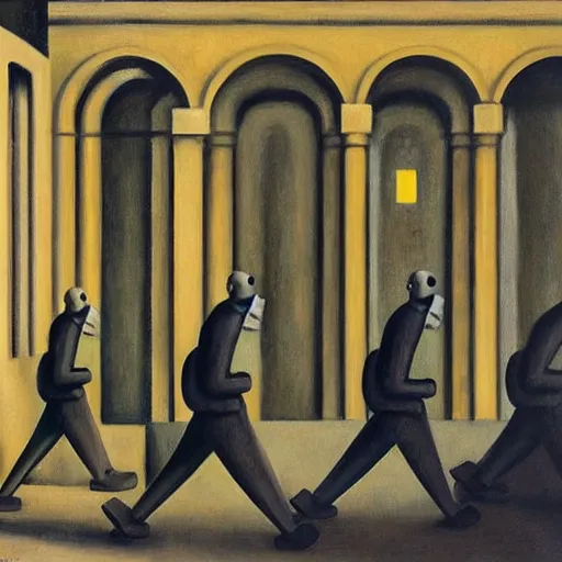 Image similar to drab workers wearing gas masks walking along cloisters, watched by fascist robots, brutalist courtyard, dystopian, pj crook, edward hopper, oil on canvas