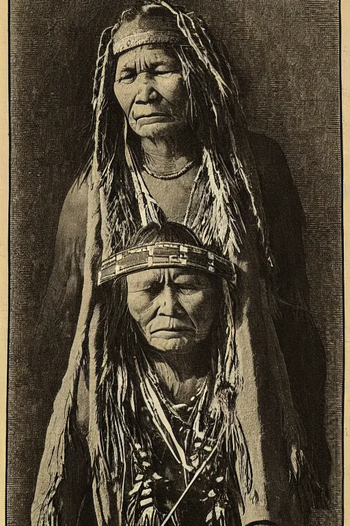 Image similar to “19th century wood engraving of a Native American indian woman, portrait, Nanye-hi Beloved Woman of the Cherokee, wearing a papoose showing pain and sadness on her face, ancient”