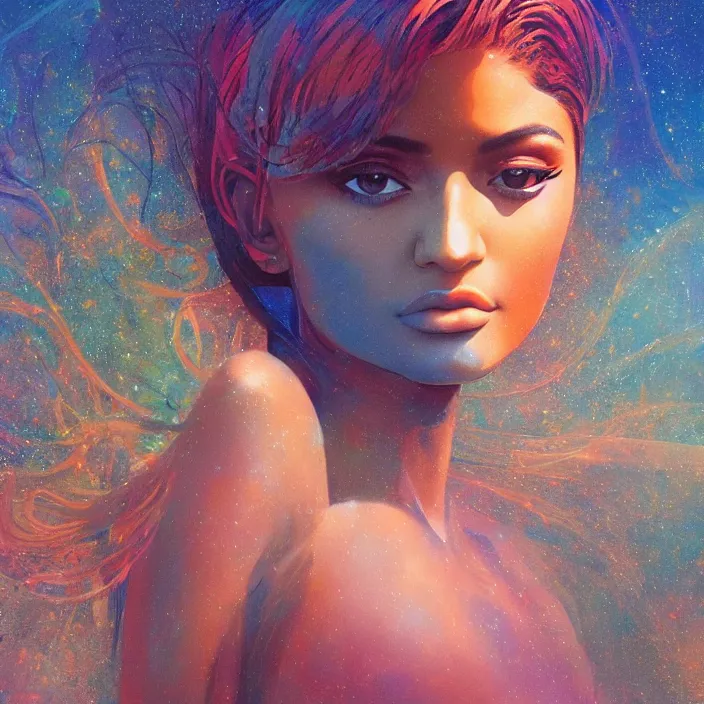 Image similar to kylie jenner as a goddess, abstract, concept art, digital painting, ornate, backlit, bokeh, deep aura, slight glow, by bruce pennington, by wayne barlowe