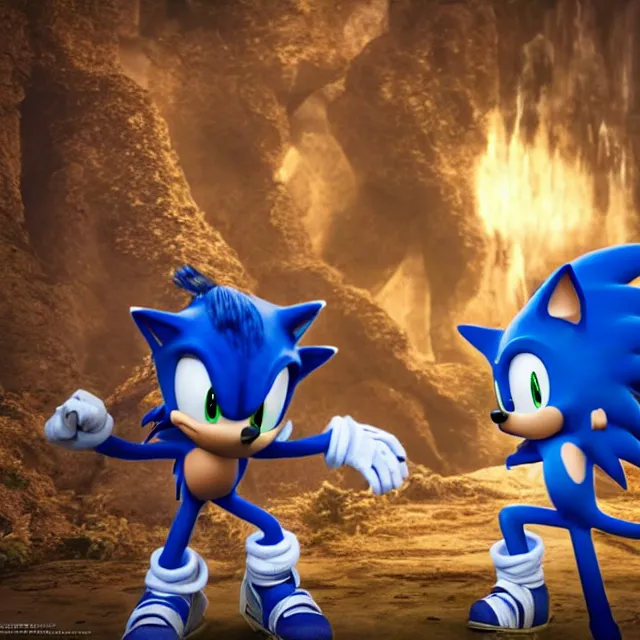 Image similar to avatar jake sully meeting sonic the hedgehog, dark cinematic, volumetric, realistic, 3 d render, cinematic lighting, ray tracing, cinematic, unreal engine 5, unreal engine render, octane render, hyper realistic, photo, 8 k