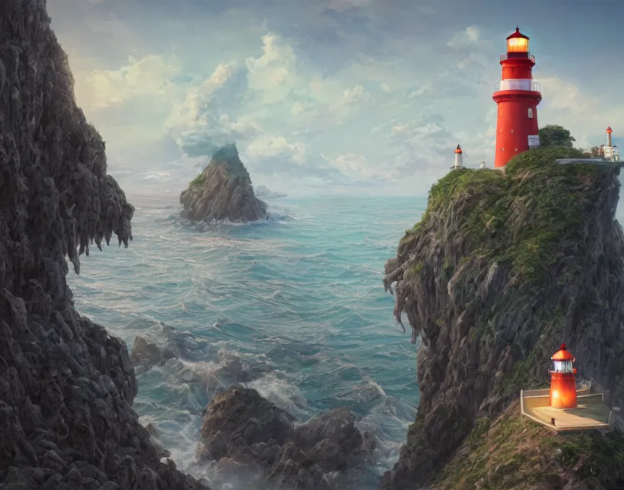 Image similar to fantasy painting of a lighthouse on the edge of a cliff overseeing a vast ocean, complex, detailed, intricate abstract. delicate artwork. by Tooth Wu, wlop, beeple, dan mumford. octane render, trending on artstation, greg rutkowski very coherent symmetrical artwork. cinematic, hyper realism, high detail, octane render, 8k, depth of field, bokeh. chrome accents.