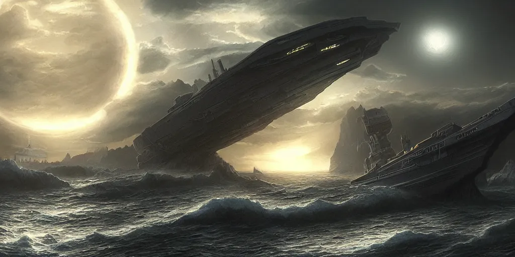 Image similar to Prometheus ship, evening, detailed matte painting, Giger, Artstation