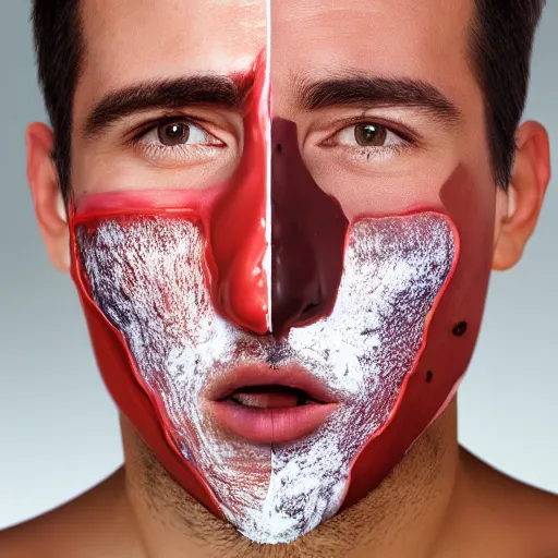 Prompt: a man peeling off his face like a mask, hyper realistic, 4k, high definition, symmetry, groovy,