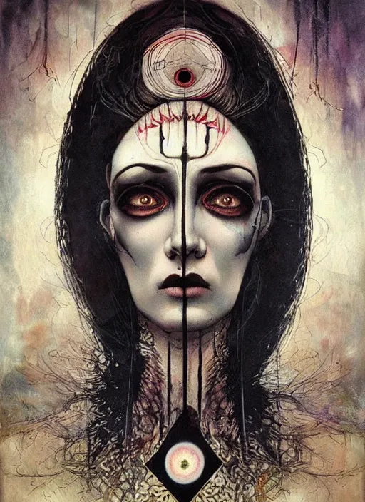 Image similar to tripping magic cult psychic woman, painted face, third eye, energetic consciousness psychedelic, epic surrealism expressionism symbolism, symmetrical face, by joao ruas, karol bak, masterpiece