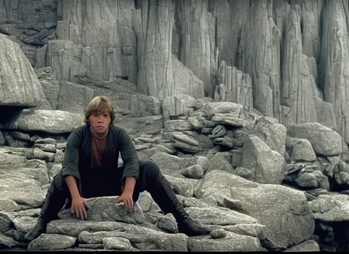 Image similar to screenshot of Luke Skywalker, played by Mark Hammill, sitting down surrounded by rocks hovering in mid-air, outside on the rocky jedi temple, iconic scene from the force awakens, 1980s film directed by Stanley Kubrick, great portrait of Mark Hammill, cinematic lighting, kodak, strange, hyper real, stunning moody cinematography, with anamorphic lenses, crisp, detailed portrait, 4k image