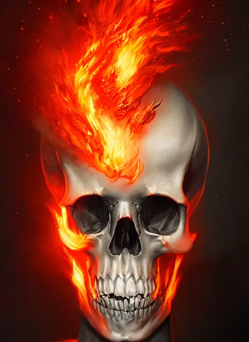 Image similar to A fancy portrait of a Skull on fire by Greg Rutkowski, Sung Choi, Mitchell Mohrhauser, Maciej Kuciara, Johnson Ting, Maxim Verehin, Peter Konig, Bloodborne, 8k photorealistic, cinematic lighting, HD, high details, dramatic, atmospheric , trending on artstation