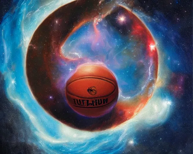 Image similar to cosmic basketball player dunking a basketball hoop in a nebula, an oil painting, by ( leonardo da vinci ) and greg rutkowski and rafal olbinski ross tran award - winning magazine cover