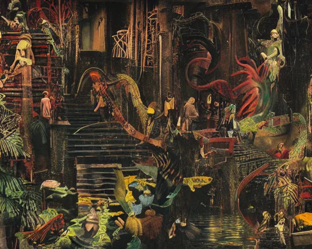 Image similar to high quality, high detail painting, dutch masterpiece, fluxus, film noir, ernst haekl, empty scene in las pozas with quetzalcoatl at night, hd, muted lighting, cut up collage