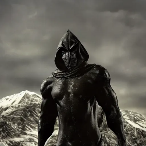 Image similar to a realistic full body of Konnor, a dragonblood, a black hood with black robes, extremely realistic and detailed, standing in front of a mountain