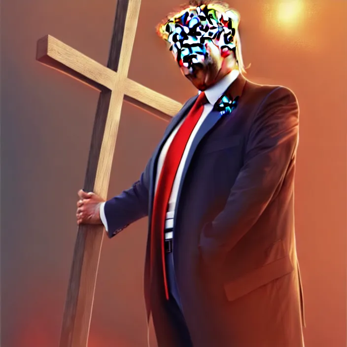 Prompt: epic professional digital art of trump on the cross, best on artstation, cgsociety, wlop, Behance, pixiv, cosmic, epic, stunning, gorgeous, much detail, much wow, masterpiece by Dorian Cleavanger and Stanley Lau