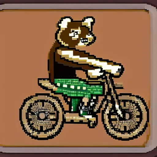 Prompt: bear riding bike shooting gun, 8bit style