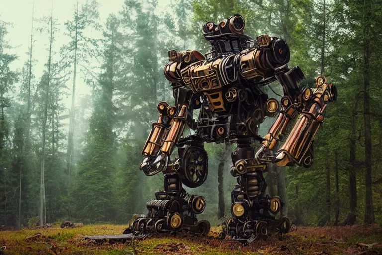 Image similar to steampunk colossal mech robot travels across a swedish forest very low angle photograph trending on artstation