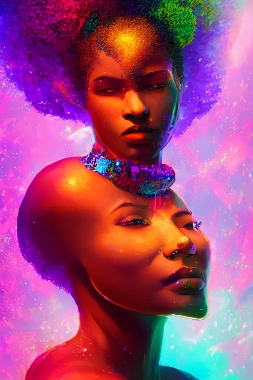 Prompt: stunning breathtaking portrait of an afro goddess, afrofuturism, braided hair, volumetric lighting, vibrant color explosion in bokeh background, artstation, smooth