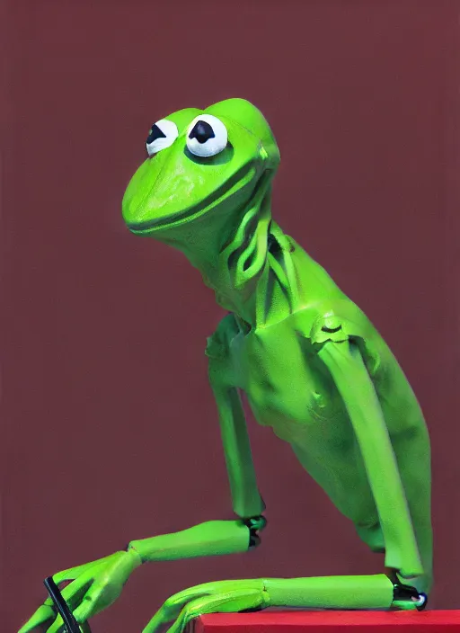 Image similar to portrait of Kermit the frog robot, detailed, coherent, painted by Edward Hopper, Wayne Barlowe, James Gilleard, airbrush, art by James Jean