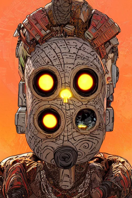 Image similar to tribal vodoo mask eye radiating a glowing aura global illumination ray tracing hdr fanart arstation by ian pesty and katarzyna da „ bek - chmiel that looks like it is from borderlands and by feng zhu and loish and laurie greasley, victo ngai, andreas rocha, john harris wooly hair cut feather stone