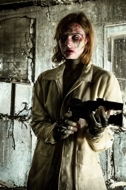 Image similar to dystopian hazmat woman holding zombie at gunpoint in dilapidated building. by Roger Deakins