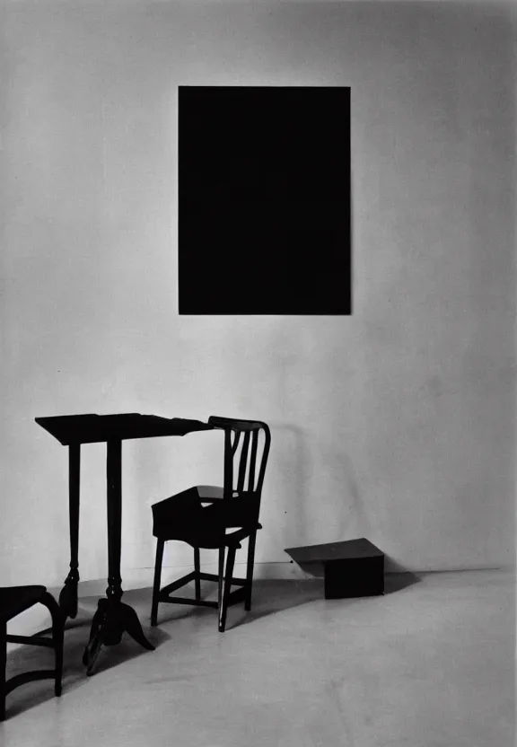 Prompt: an empty room with a black object sitting on a table by marcel duchamp, archival pigment print, 1 9 2 0, academic art, conceptual art