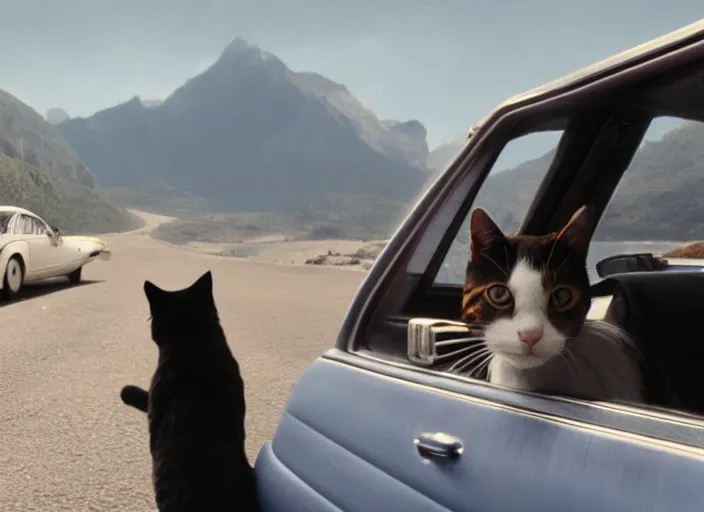 Image similar to A very high resolution image from a new movie, a cat driving a car around, inside of a car , mountains, Polaroid, directed by wes anderson