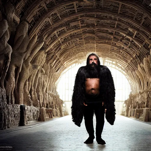 Prompt: Photo portrait Joe Rogan as a wax neanderthal cave man exaggerated brow wrapped in fur cloak screaming like a ape in the natural history museum background dramatic lighting 85mm lens by Steve McCurry