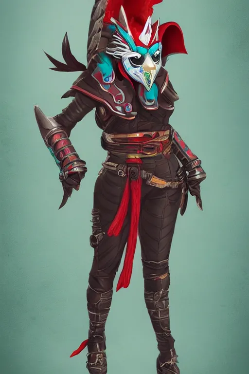 Image similar to female adventurer in tight full - body teal leather armor of japanese design with red accents and a white porcelain crow mask, trending in artstation, japanese, establishing shot