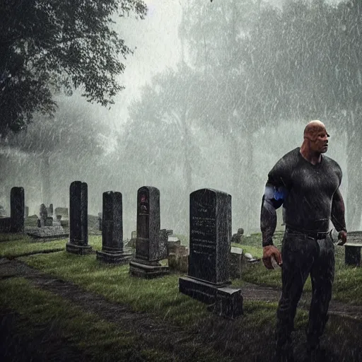 Image similar to dwayne the rock johnson visiting a graveyard in the rain, sad feeling, photorealistic, moody lighting,