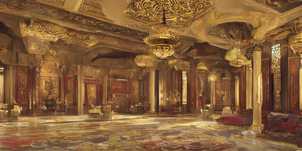 Image similar to a grand hall decorated with a blend of greco - roman and east asian styles, concept art, colorful