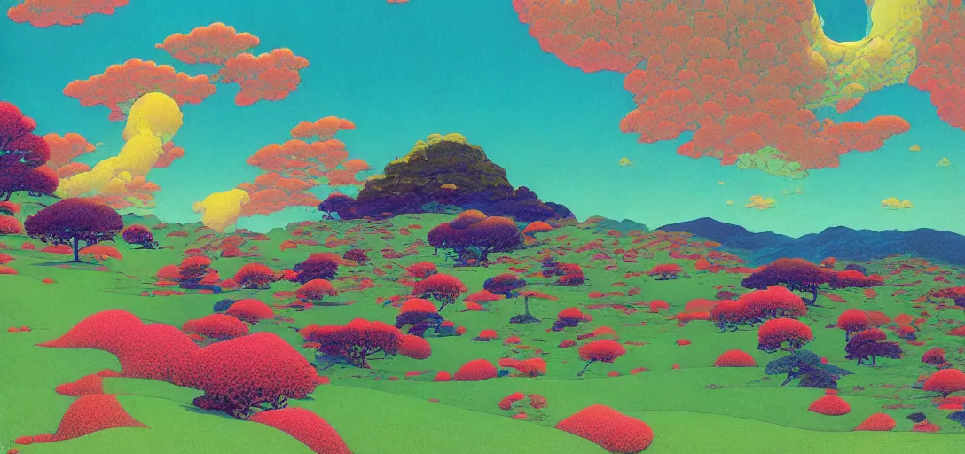 Prompt: a colorful vibrant closeup landscape licking a tab of lsd acid on its land tongue and dreaming psychedelic hallucinations, by kawase hasui, moebius, edward hopper and james gilleard, zdzislaw beksinski, steven outram colorful flat surreal design, hd, 8 k, artstation