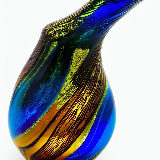 Prompt: murano glass vase shaped like an animal playing a jazz instrument, dim neon lighting showcase in a high end department store, professional photo, 8 k, 4 k, studio lighting