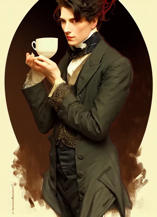 Prompt: an aristocrat talking to dorian gray over a cup of tea, digital painting, artstation, concept art, smooth, sharp focus, illustration, art by artgerm and greg rutkowski and alphonse mucha