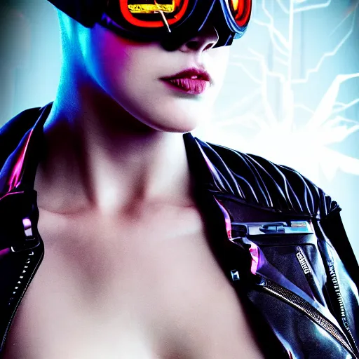 Prompt: damaged photo! of cyberpunk, shaved head, wearing futuristic goggles, leather jacket, wires, cybernetic implants, machine noir grime grunge photorealistic, hyper - real, high details,, in cyberspace photoreal, atmospheric