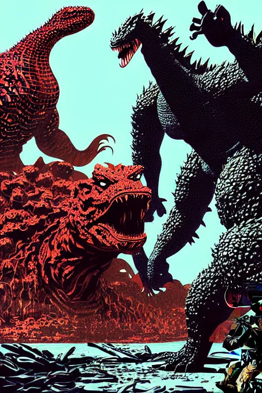 Prompt: adam and eve versus godzilla, gta smooth painting, each individual seeds have ultra high detailed, 4 k, illustration, torn cosmo magazine style, concept art, pop art style, ultra realistic, art by yoji shinkawa, ayami kojima, tetsuya nomura, bob rafei