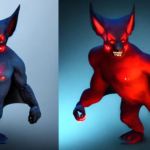 Image similar to front and back character view of scary, giant, mutant, mutated, dark blue humanoid bat, glowing red eyes, flying above a stormy ocean, sharp teeth, acid leaking from mouth, realistic, giant, bat ears, bat nose, bat claws, bat wings, furred, covered in soft fur, detailed, trending on artstation clean concept art and sheet that using unreal engine 5 render and hyper detailed 3D texture with cinematic software light 85mm f/1.4