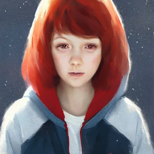 Image similar to a tiny girl with short red hair wearing a hoodie, digital art, cute face, very beautiful face, pretty face, very detailed eyes, full body illustration, 8 k resolution, soft painting, by greg rutkowski, wlop, rossdraws,