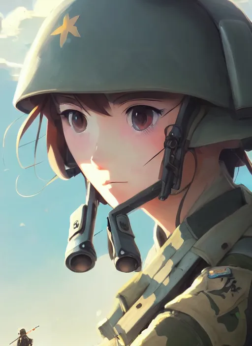 Image similar to portrait of cute soldier girl, cloudy sky background lush landscape illustration concept art anime key visual trending pixiv fanbox by wlop and greg rutkowski and makoto shinkai and studio ghibli and kyoto animation soldier clothing military gear realistic anatomy mechanized modern warfare hands